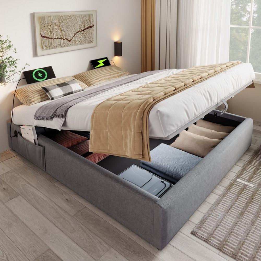 HAUSS SPOLE Polsterbett 160×200 mit USB- C, Vollflächiger Lattenrost, Ohne Kopfteil Baumwolle (Funktionsbett, Struraumbett Hydraulisch mit Bettkasten, 1-tlg, 160x200 cm, ohne Matratze), mit USB- C, Seitentasche und Vollflächiger Lattenrost Bild 1