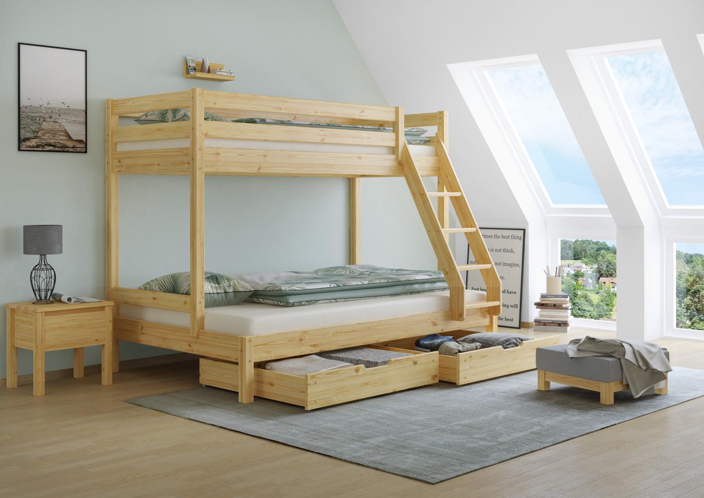 Doppel-Etagenbett 120x200 und 80x200 Erwachsenen-Stockbett Kiefer Massivholz natur V-60.18-08-12Rollrost und Doppelbettkasten inkl. Bild 1