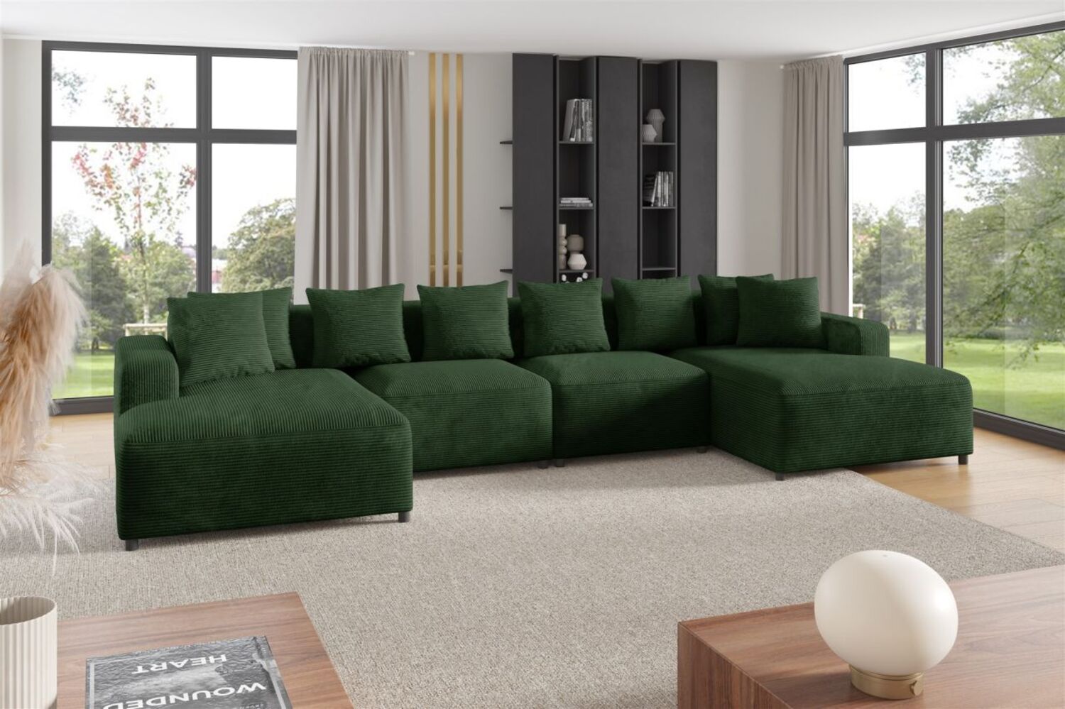 Wohnlandschaft Sofa U-Form Designersofa MEGAN in Stoff Poso Dunkelgrün Bild 1