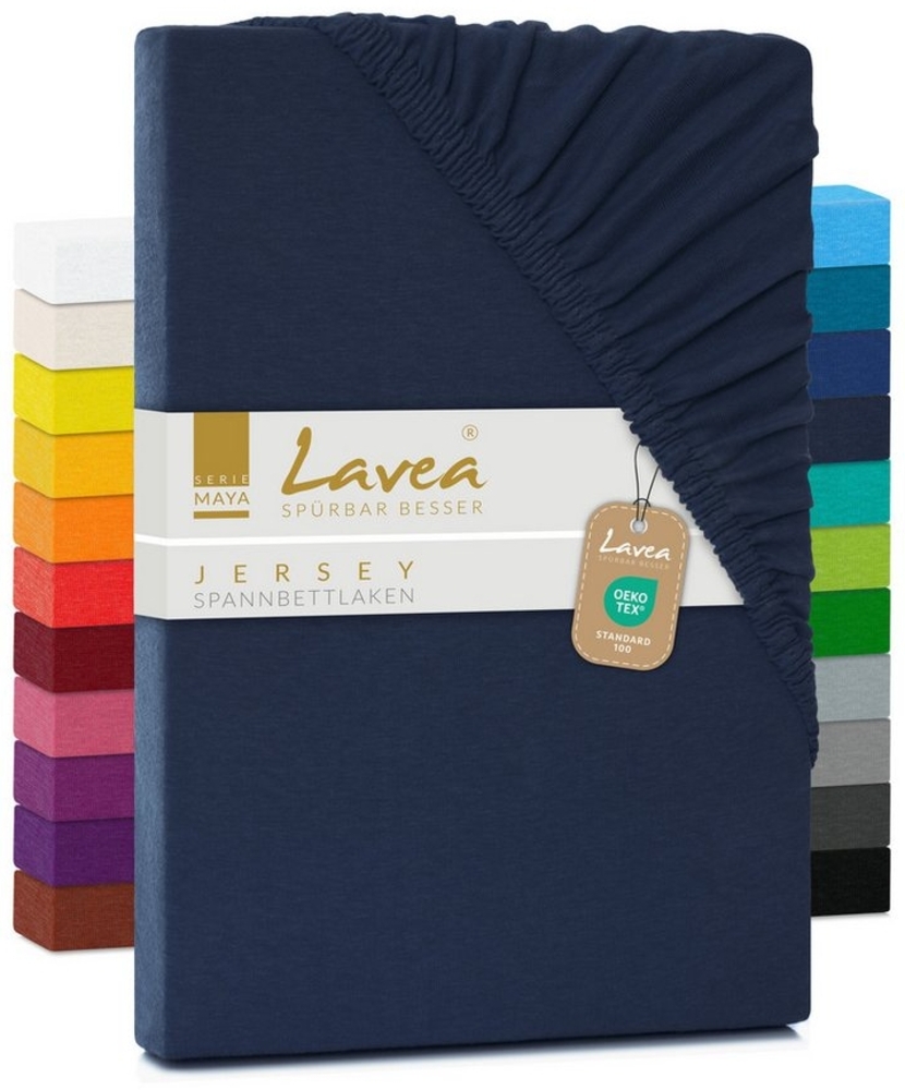 Jersey Spannbettlaken, Spannbetttuch, Lavea Serie Maya, 200x220 cm für Boxspring- und Wasserbetten, Galaxyblau, 100% Baumwolle, hochwertige Verarbeitung, mit Gummizug Bild 1