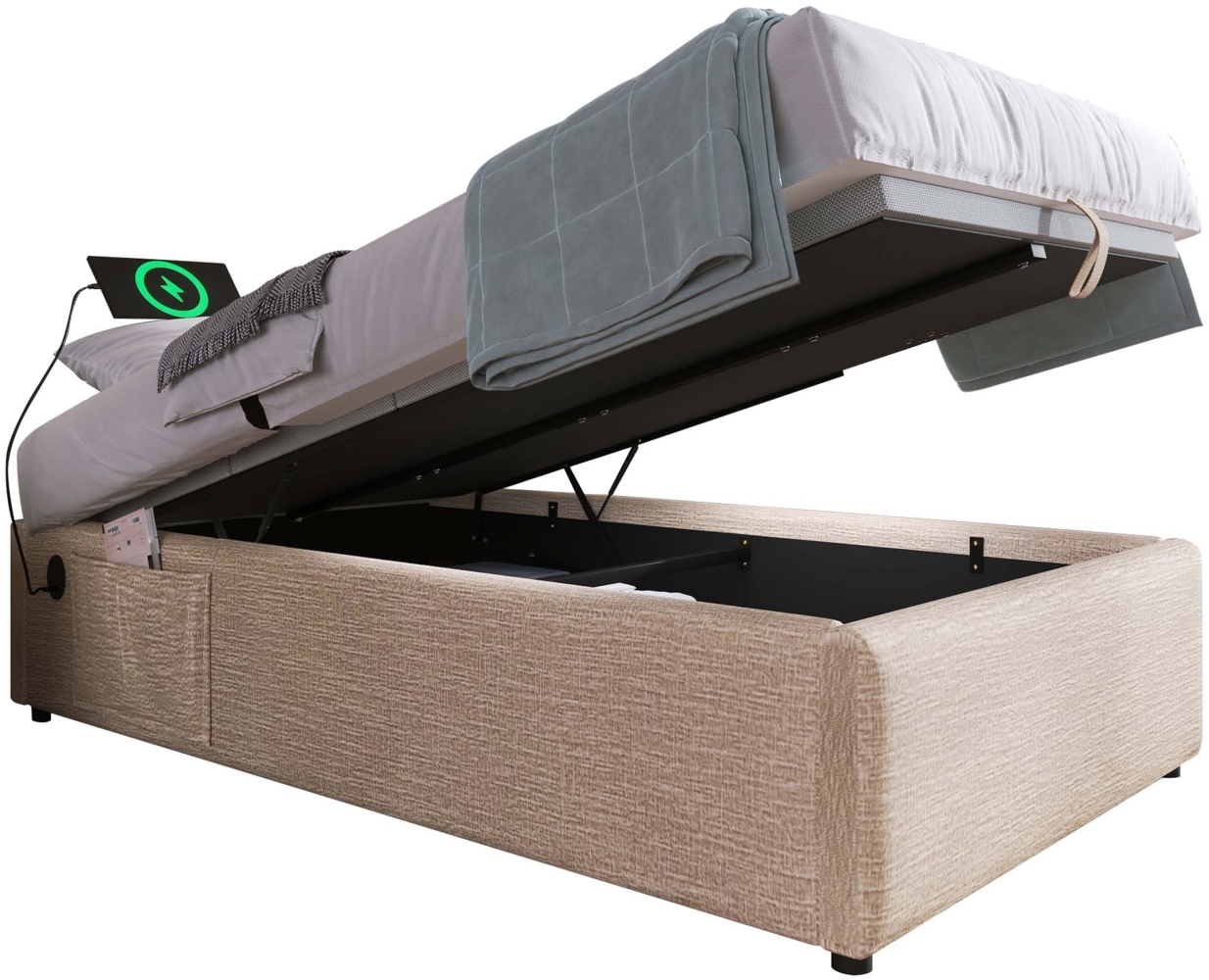 Polsterbett 90x190 cm, Leinenbezug, mit hydraulischem Bettkasten und integrierten USB-/Type-C-Anschlüssen, natur Bild 1