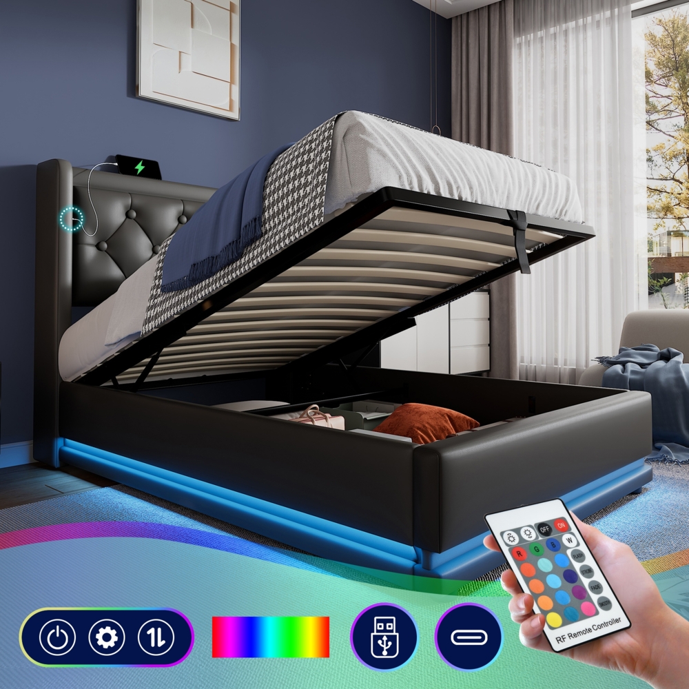 Polsterbett 90x200 cm Schwarz mit 3-seitiger LED-Beleuchtung, Wingback Kopfteil & USB Typ-C Ladefunktion,hydraulischer Stauraum Bild 1