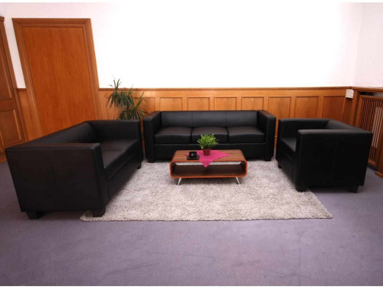 3-2-1 Sofagarnitur Couchgarnitur Loungesofa Lille ~ Leder, schwarz Bild 1