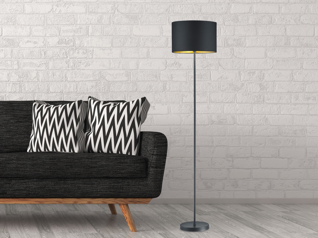 TRIO Leuchten LED Stehlampe, Dimmfunktion, LED wechselbar, Warmweiß, große Design Lampe dimmbar für Ecke, Stoff Lampen-schirm Schwarz Gold Bild 1
