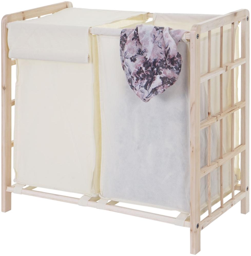 Wäschesammler HWC-B60, Laundry Wäschebox Wäschekorb, Massiv-Holz 2 Fächer 60x60x33cm 68l ~ hellbraun, Bezug creme Bild 1