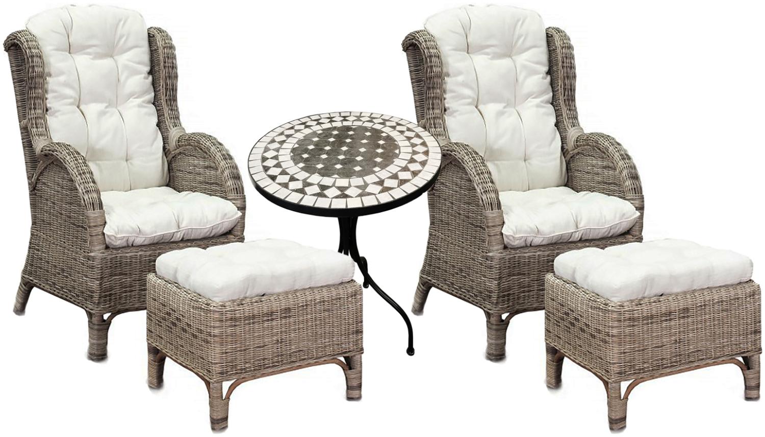 Luxus Rattan Set 2 x Relaxsessel mit Fußhocker + Mosaiktisch Bild 1