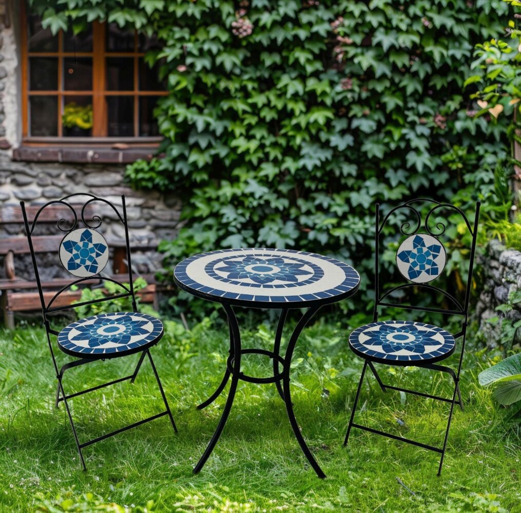 Wohnando Garten-Essgruppe Bistroset "Orion", Metalltisch, Metallmöbel, schwarz, Mosaik-Design, (3-tlg), bestehend aus 2 Stühlen und 1 Tisch, Blau Weiß Mix Bild 1