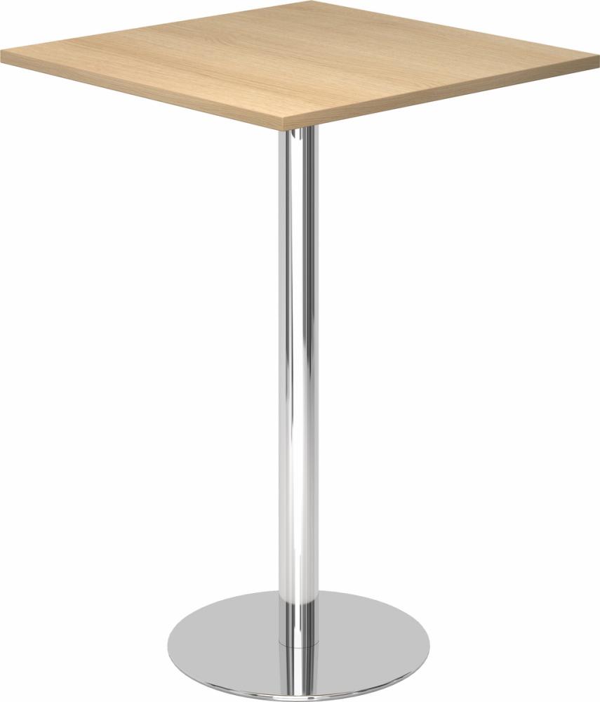 bümö Stehtisch Büro, Bistrotisch eckig 80 x 80 cm - Bartisch Eiche, Stehtisch Holz-Platte, Säule aus Metall verchromt, Buffettisch, Säulentisch, Partytisch, Thekentisch, Hochtisch, Barmöbel, STH88-E-C Bild 1