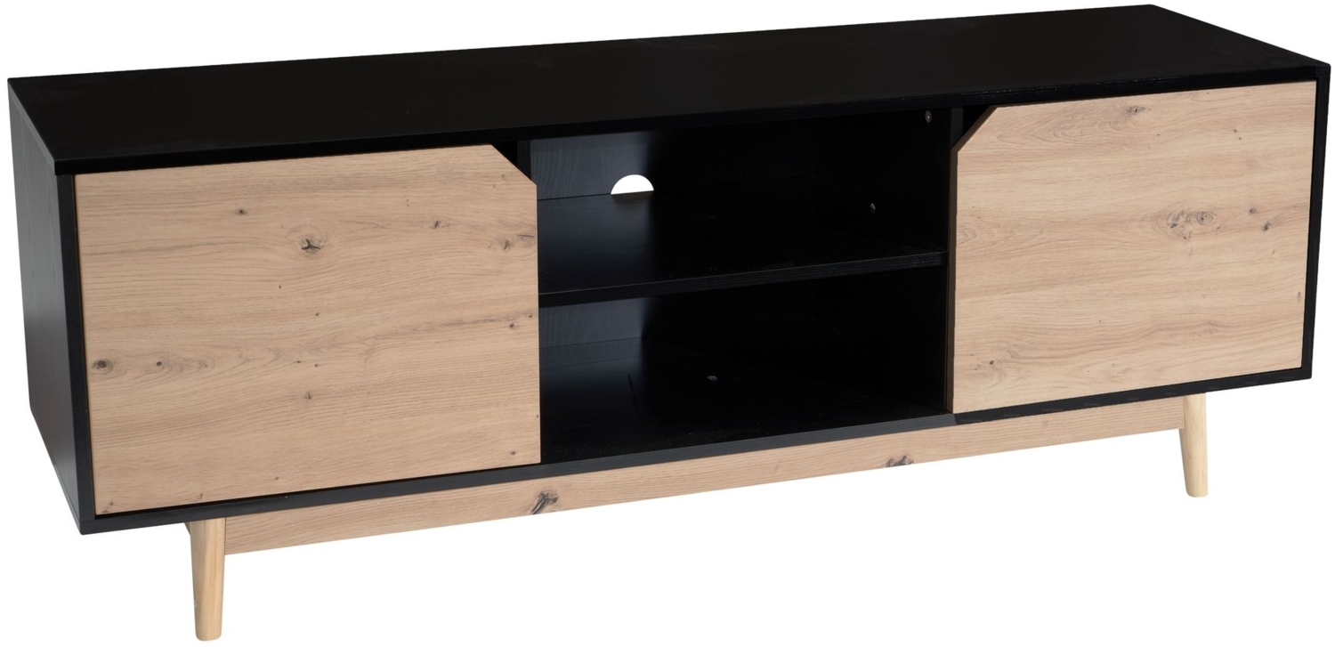 Lowboard Schwarz Eiche-Dekor 150 x 55 x 40 cm TV-Kommode Modern, Design TV-Schrank Hoch, Fernsehtisch Fernsehschrank mit zwei Türen, Fernsehkommode Wohnzimmer Bild 1