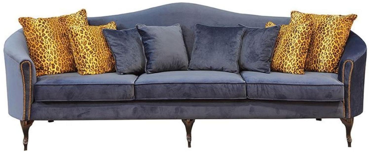 Casa Padrino Luxus Barock Samt Sofa Blau / Dunkelbraun 280 x 90 x H. 100 cm - Edles Wohnzimmer Sofa mit dekorativen Kissen - Barock Wohnzimmer Möbel - Luxus Qualität Bild 1