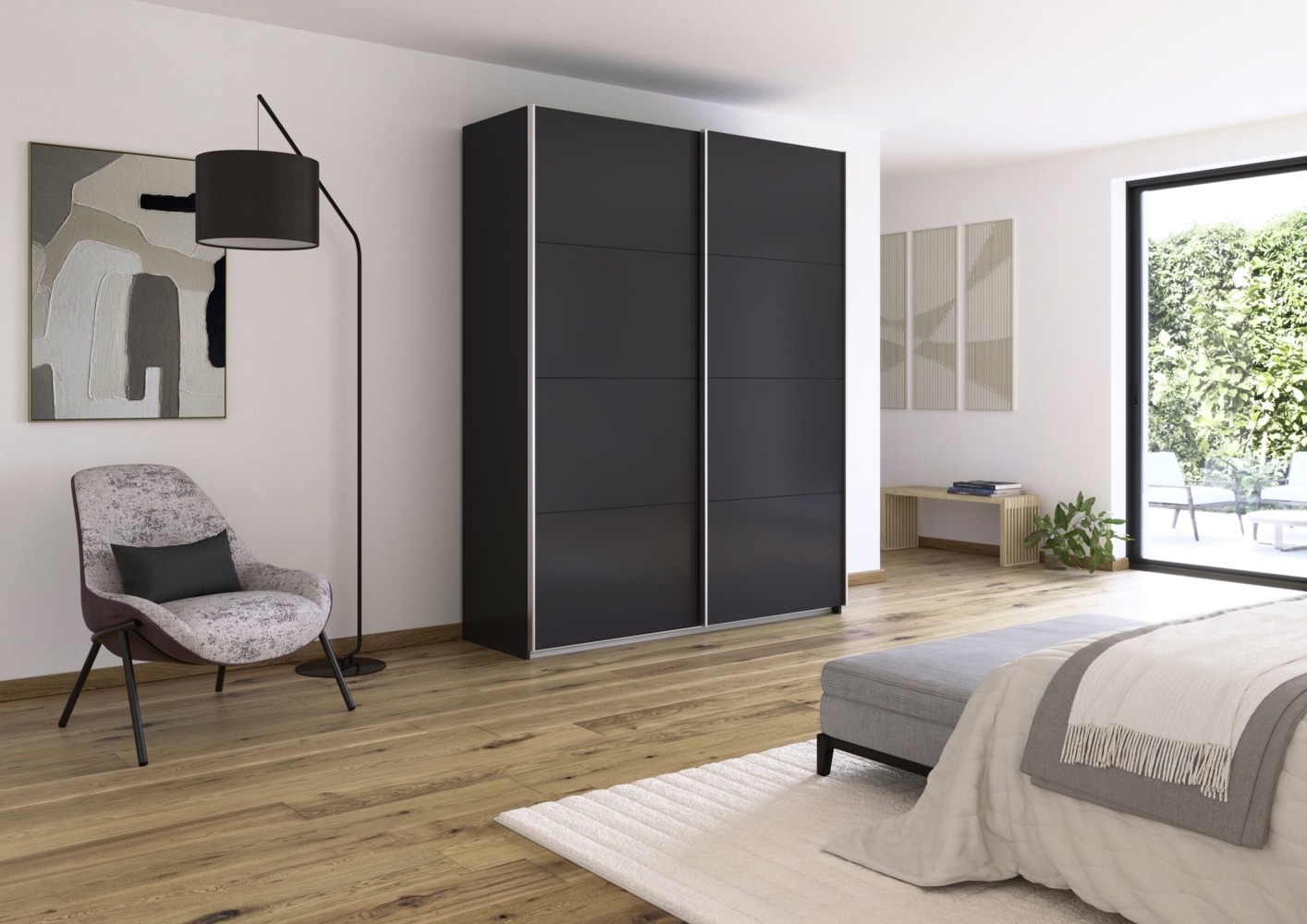 rauch Quadra, Kleiderschrank, Schiebetürenschrank, 2-türig, mit 2 Kleiderstangen und 4 Einlegeböden, Farbe Grau metallic, BxHxT 181x229x62cm Bild 1