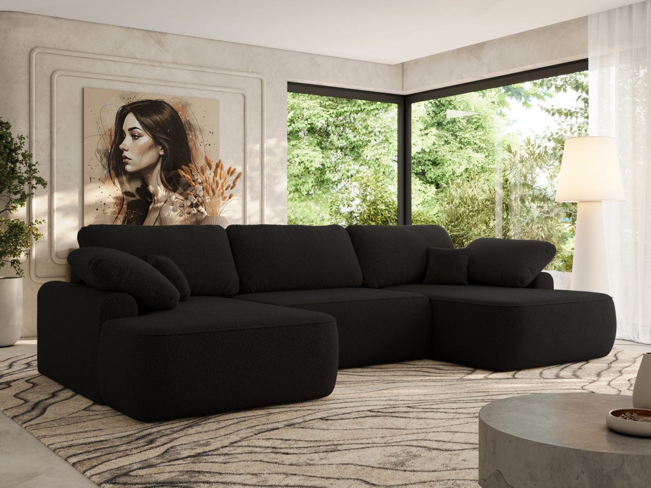 U-förmige Ecke, Ecksofa mit schlaffunktion und bettkasten, lose kissen, Wellenfeder, Big sofa XXL - CUBO U - Schwarz Boucle Bild 1