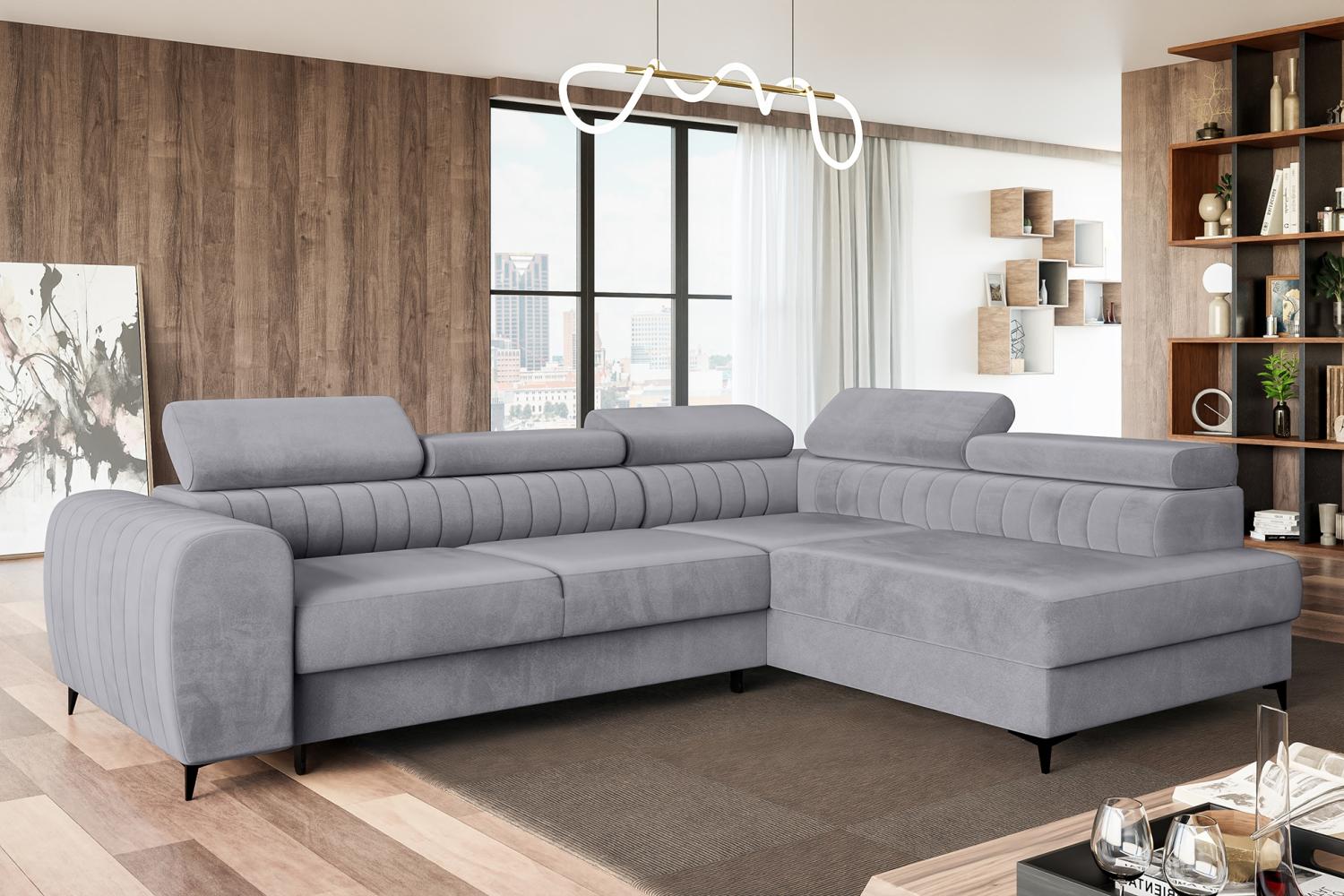 MEBLINI Schlafcouch mit Bettkasten - PORTO - 269x204x72cm Rechts - Grau Samt - Ecksofa mit Schlaffunktion - Sofa mit Relaxfunktion und Kopfstützen - Couch L-Form - Eckcouch - Wohnlandschaft Bild 1