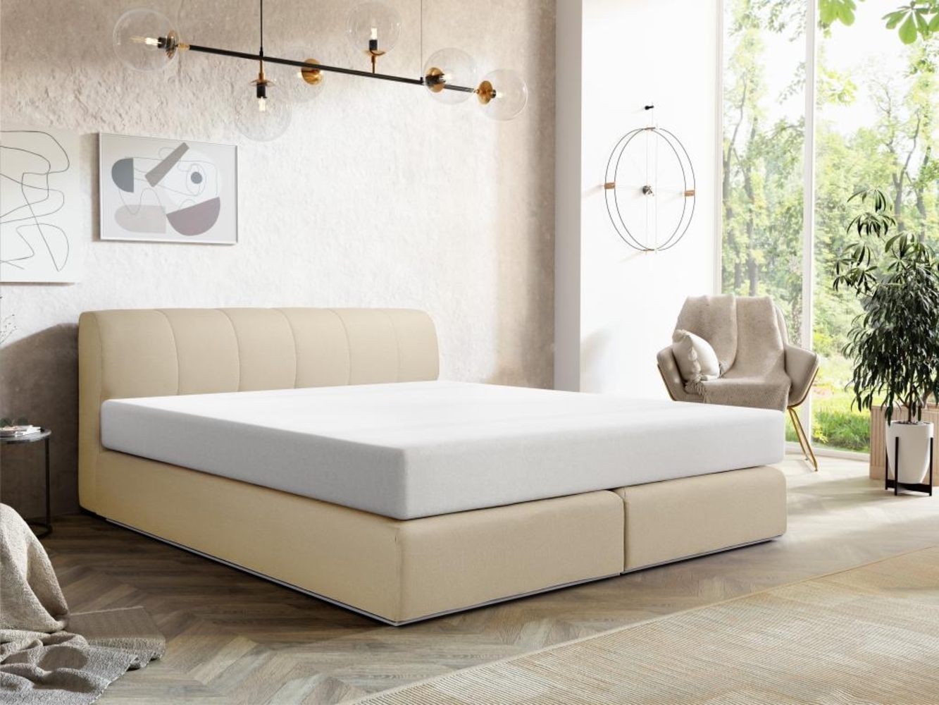 Vente-unique - Boxspringbett mit Kopfteil + Lattenrost mit LED-Beleuchtung + Matratze - 160 x 200 cm - Stoff - Beige - OTARU von YSMÉE Bild 1