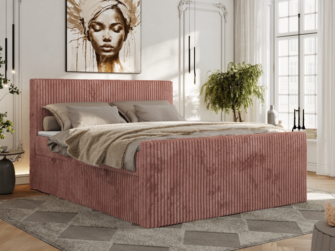 Boxspringbett, Doppelbett mit zwei Bettkästen und hohem Kopfteil aus Cordstoff - TILIANO DUO - 160 x 200 cm - Rosa Cord - H3 Bild 1
