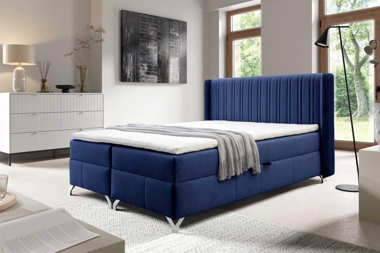 Boxspringbett Schlafzimmerbett DAMIEN 160x200 cm Stoff Salvador Blau Bild 1