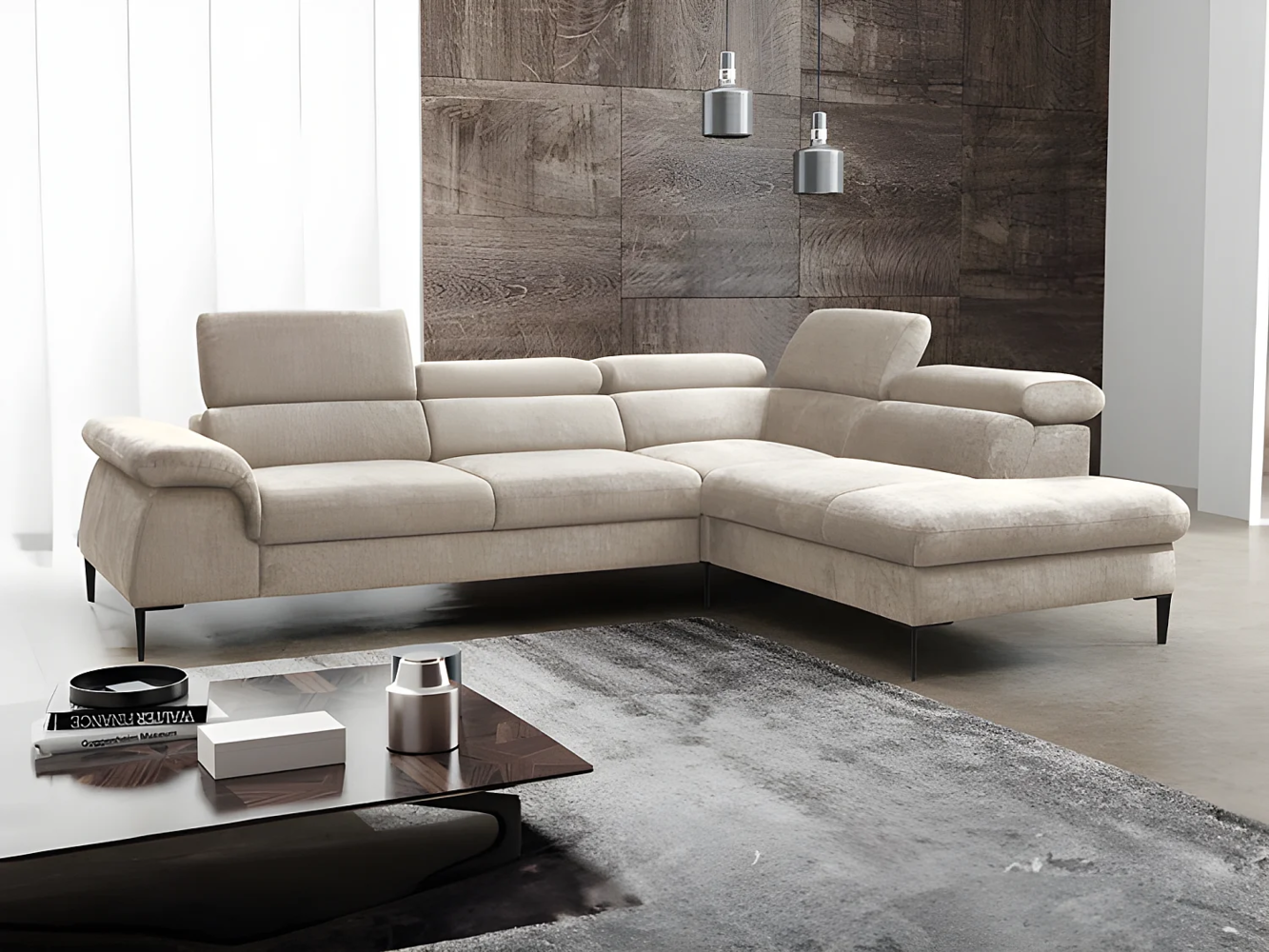 Vente-unique - Großes Ecksofa mit Schlaffunktion - Ecke rechts - Samt - Beige - SEPINA von Pascal Morabito Bild 1