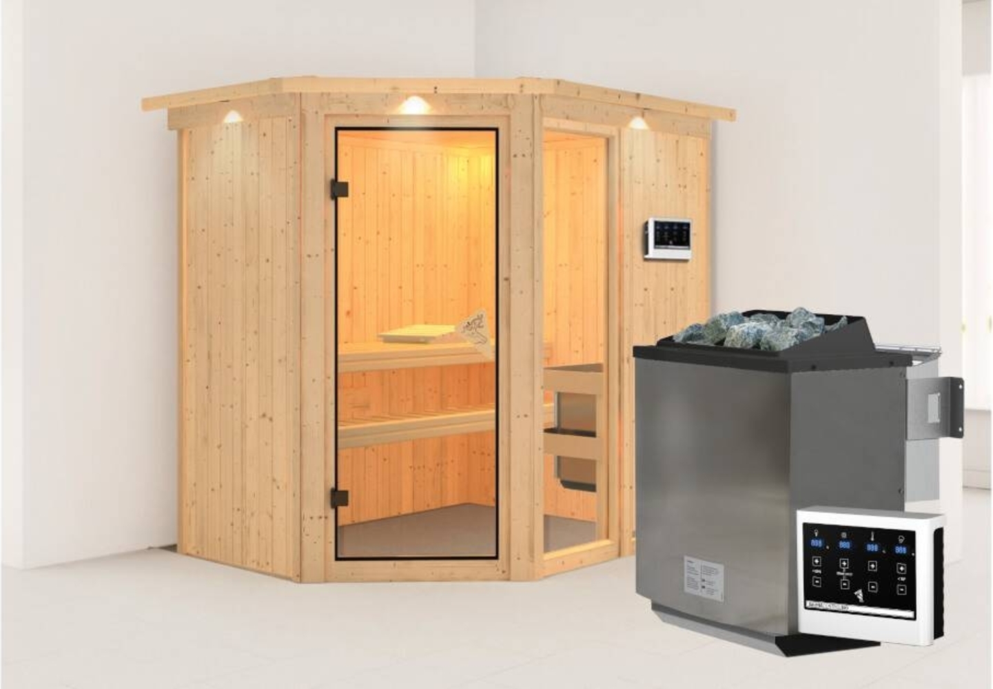 Karibu Sauna Fiona 1 mit Dachkranz + 9kW BIO-Kombiofen mit ext. Steuerung Easy Bild 1