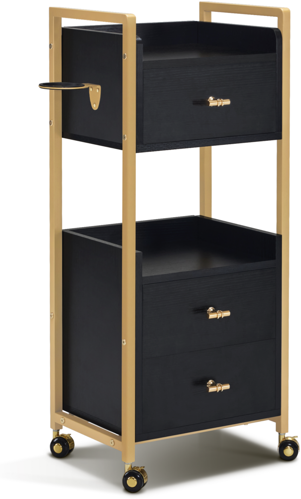 M MCombo Friseurwagen mit Rollen & 3 Schubladen, Rollwagen Servierwagen, Salon Trolley mit 2 Ablagen & Föhnhalter, Moderner Arbeitswagen für Bad Wohnzimmer, 30x40x95cm, 0022 (Schwarz-Gold) Bild 1