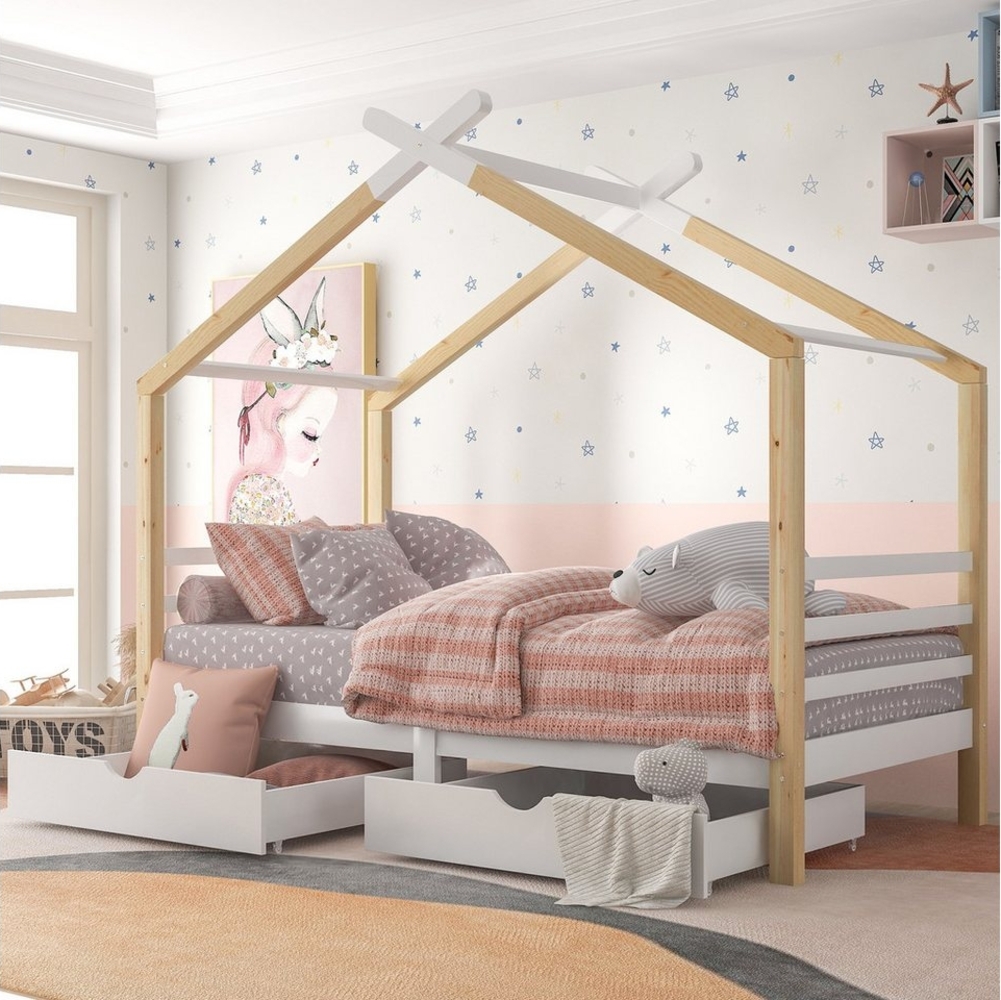 BlingBin Hausbett Kinderbett Einzelbett (Massivholz mit Lattenrost, Kiefernholz Hausbett), mit Schubladen, weiß+holzfarbe, 90x200cm Bild 1