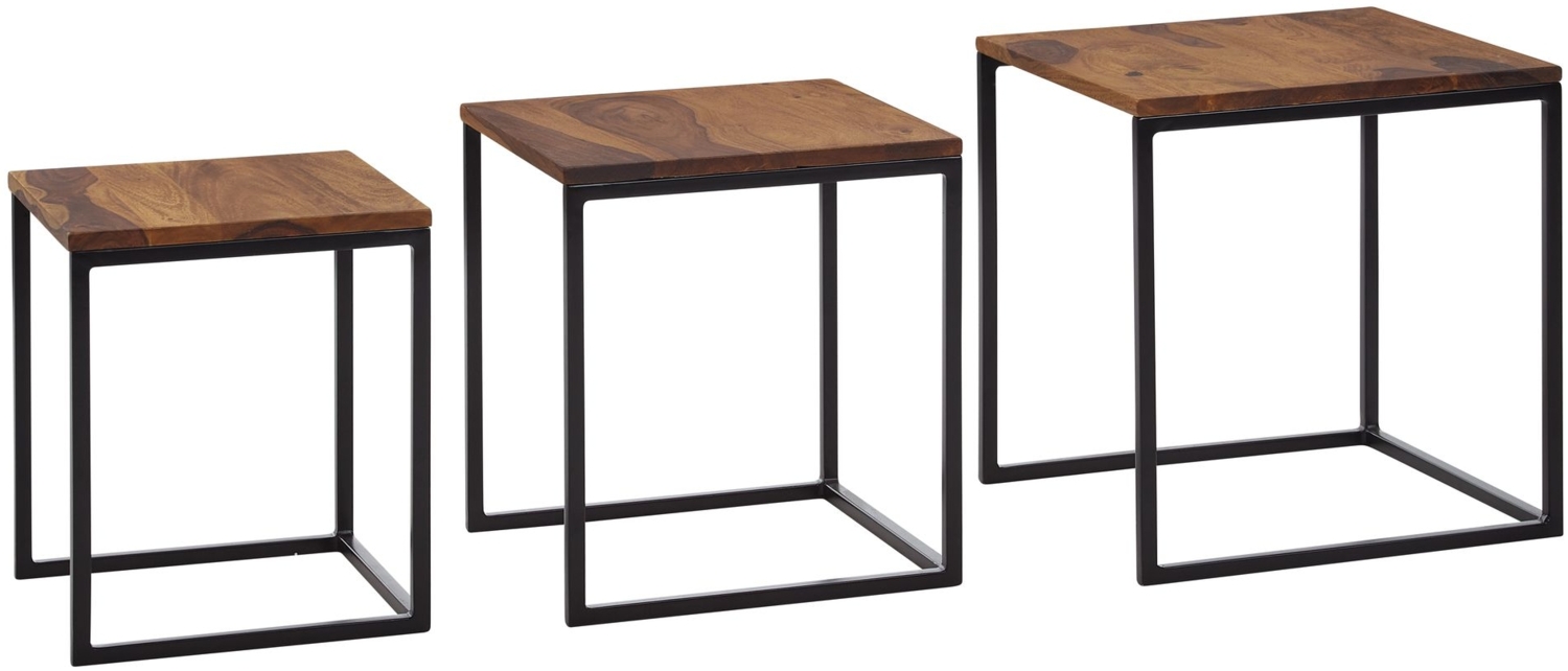 Satztisch 3er Set Sheesham Massivholz / Metall Beistelltisch Eckig Modern, Design Couchtisch 3-teilig, Wohnzimmertisch Platzsparend, Holztisch Kaffeetisch Wohnzimmer Bild 1