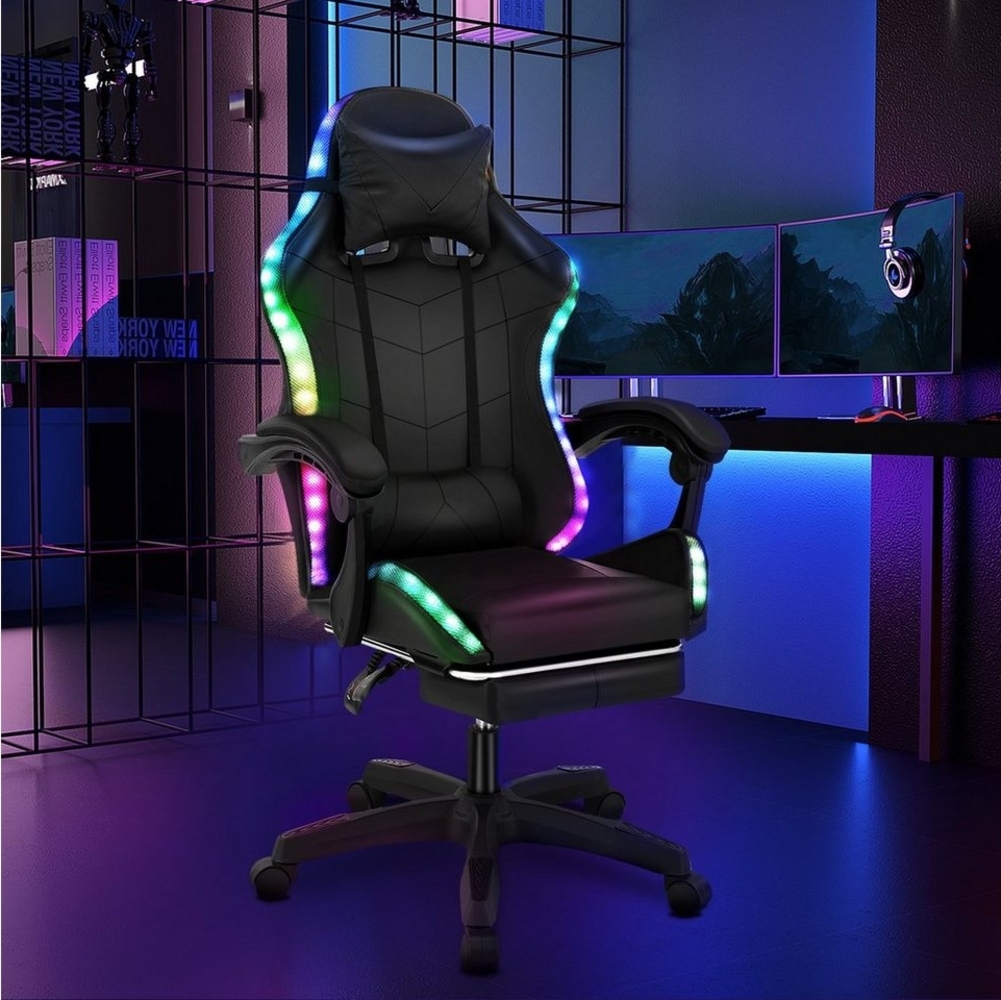 WILGOON Gaming-Stuhl Gaming Chair mit RGB-LEDs, verstellbarer Rücklehne mit Fußstütze, Bürostuhl Massage Lendenkissen,Ergonomischer Gamer Stuhl,bis 150kg Bild 1