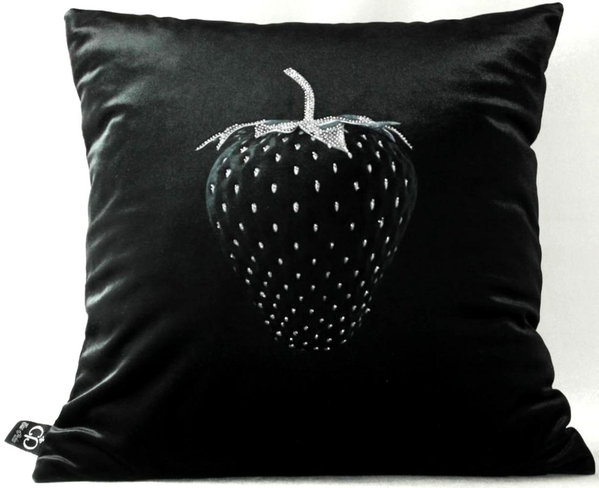 Casa Padrino Luxus Deko Kissen Strawberry mit Bling Bling Glitzersteinen Schwarz / Silber 45 x 45 cm - Feinster Samtstoff - Luxus Deko Accessoires Bild 1