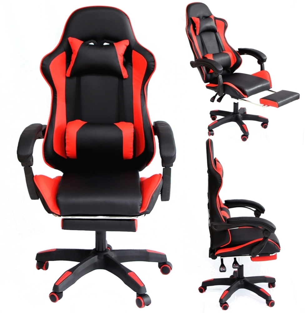 Gamingstuhl Bürostuhl Chefsessel Schreibtischstuhl Schwarz Rot + Fußablage Drehstuhl Gaming Stuhl Sportsitz Höhenverstellbar Bild 1