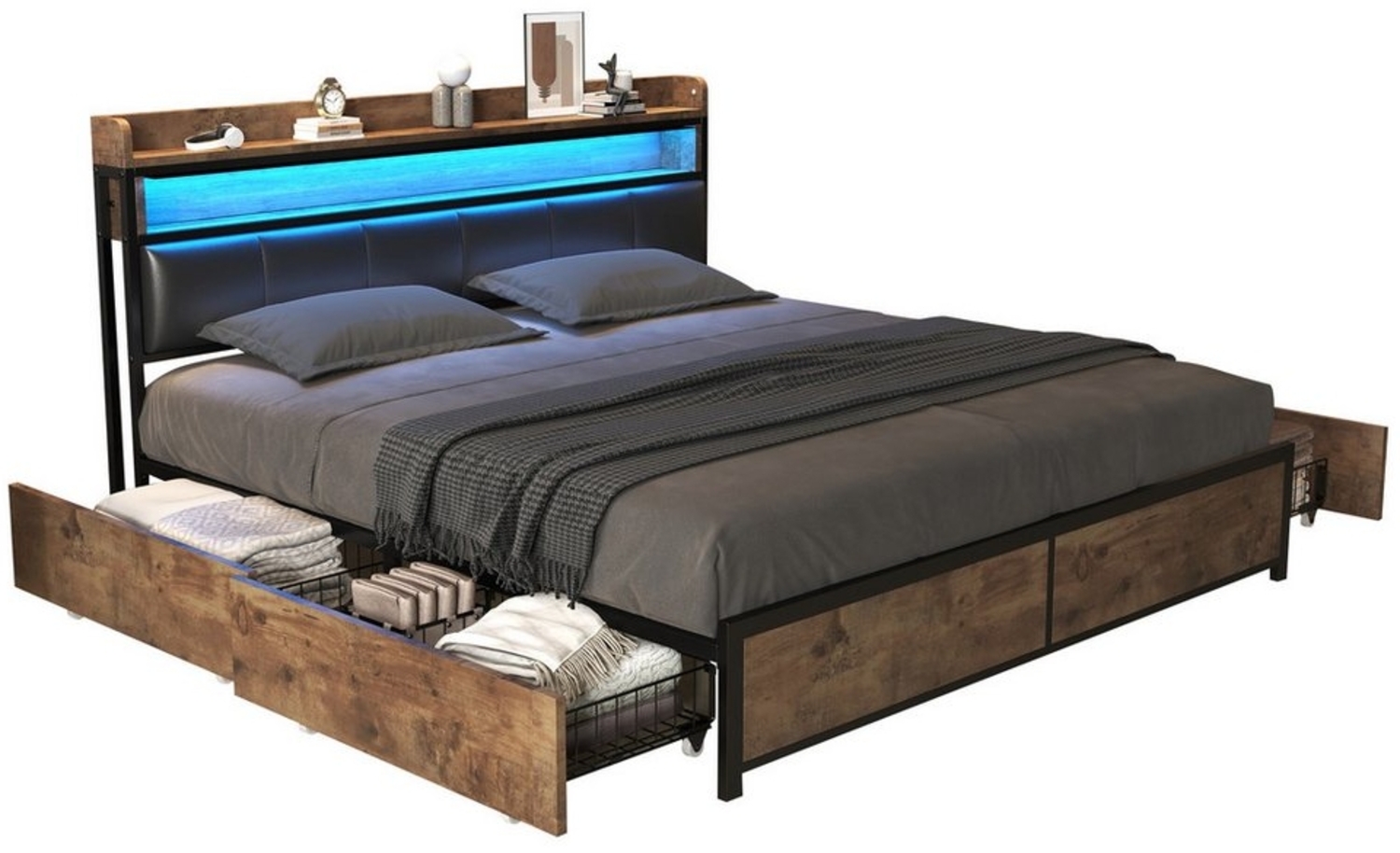 KLAM HOME Polsterbett hydraulisches Doppelbett Stauraumbett Continentalbett mit LED-Licht (mit 4 Schubladen Lattenrost und Kopfteil 140*200), für Erwachsene & Jugendliche Bild 1