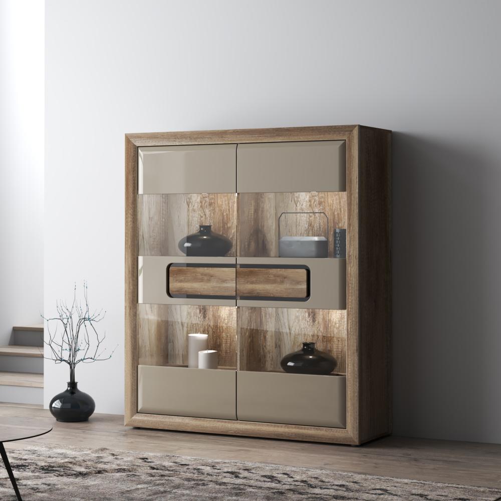 FORTE Tiziano Highboardvitrine mit LED Beleuchtung, Holzwerkstoff, Braun/Beige, 133,8 x 155,4 x 41,3 cm Bild 1