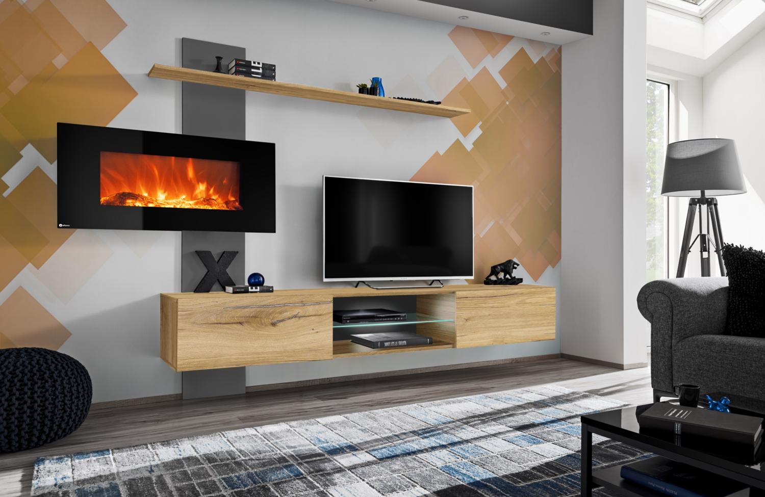 Wohnwand Flame E mit Elektro-Kamin in Flagstaff Eiche und Anthracite 250 x 170 x 40 Bild 1