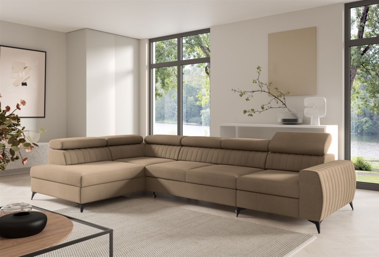 Ecksofa Schlafsofa Sofa TORONTO XL Stoff Element Beige Ottomane Links Bild 1