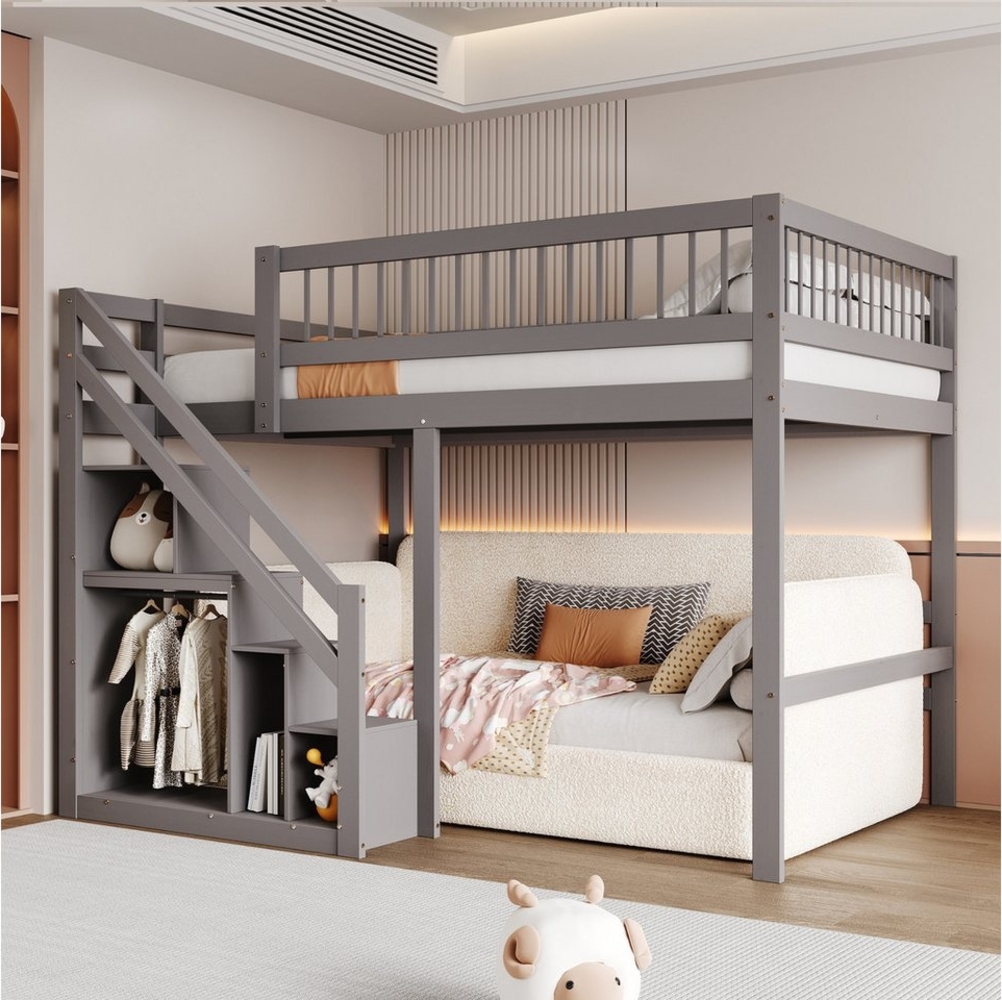 HAUSS SPOLE Kinderbett 140x 200 cm Massivholzbett, Treppe mit Aufbewahrungsschrank, Grau (Massivholzbett,mit Stufen-Stauschrank hohem Geländer, 140x200 cm), ohne Matratze Bild 1