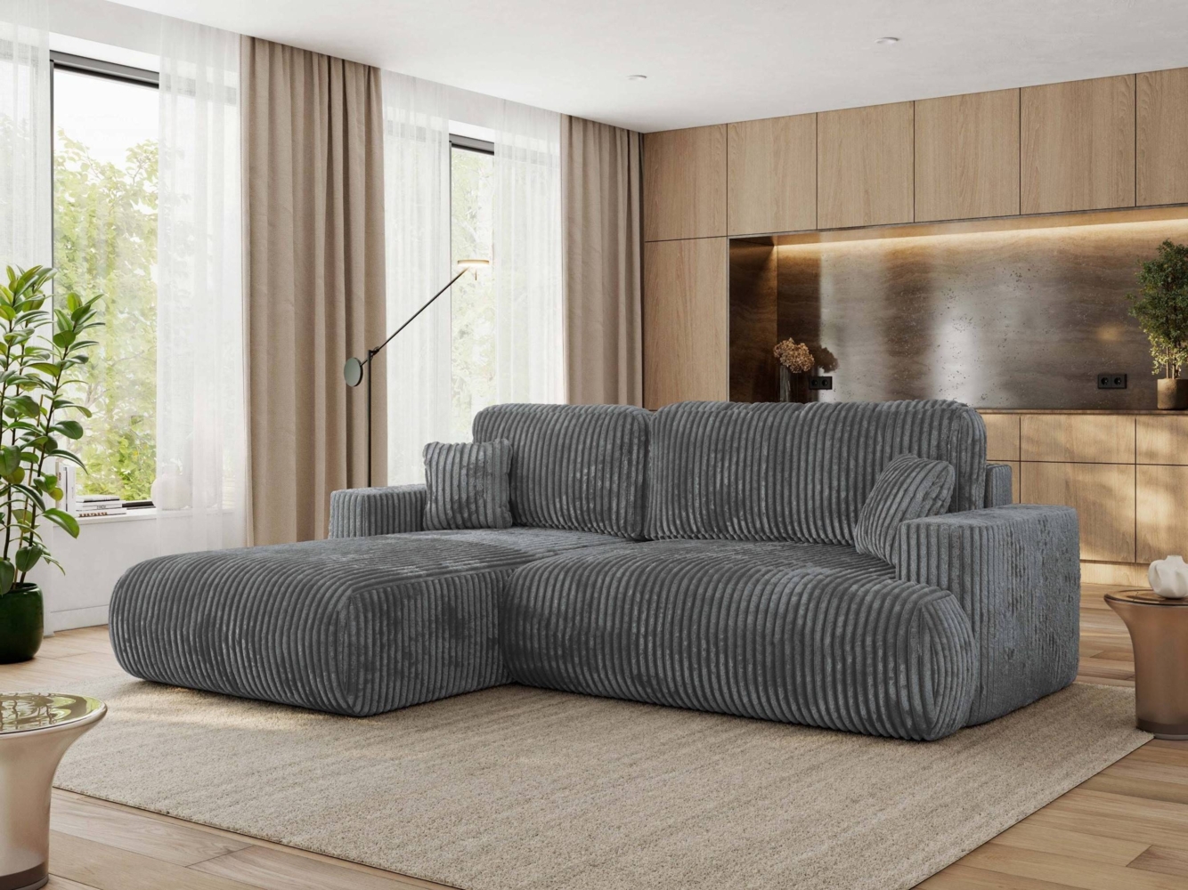 Ecksofa OVO mit schlaffunktion und bettkasten, Wellenfeder, lose Kissen, L-form 271x195 cm - Dunkelgrau Cord - linke Seite Bild 1