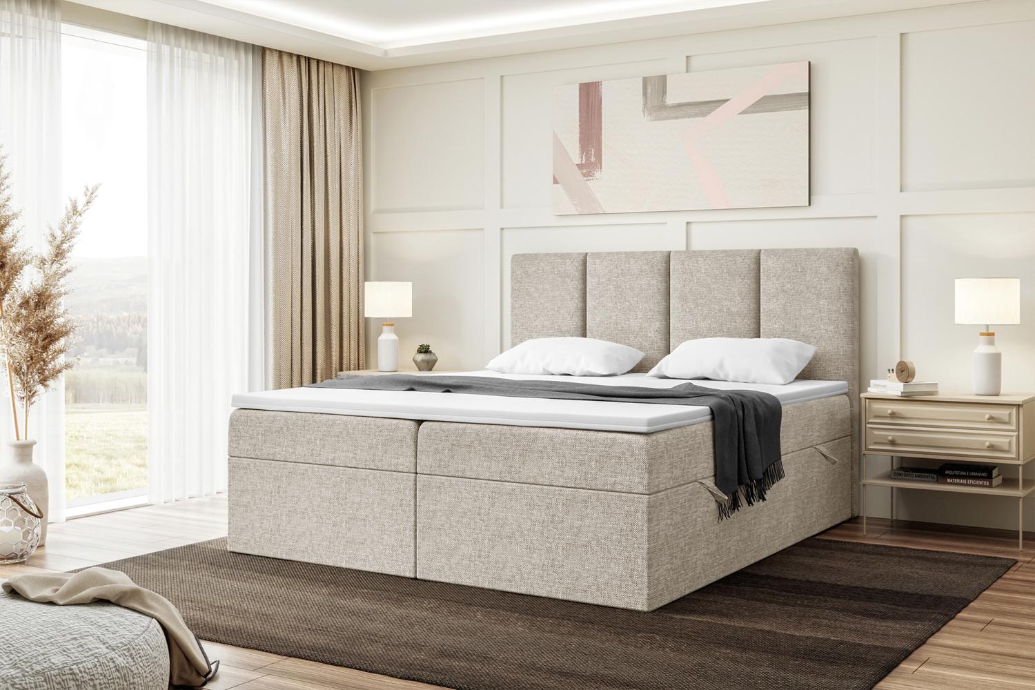 MEBLINI Boxspringbett CRISTIANO 140x200 cm mit Bettkasten - H3/Beige Webstoff Polsterbett - Doppelbett mit Topper & Taschenfederkern-Matratze Bild 1