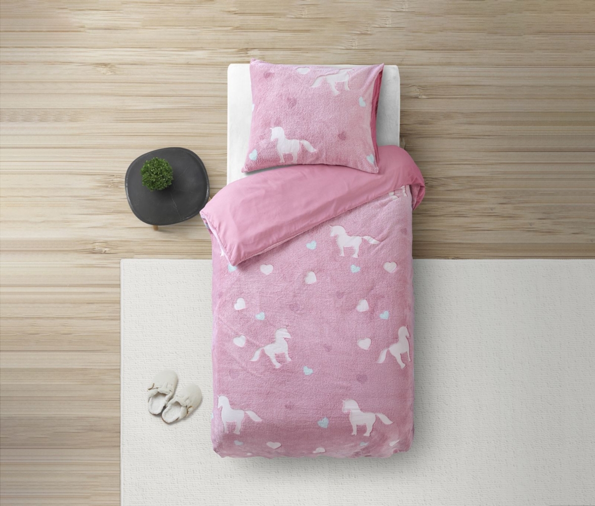 Soma Kinderbettwäsche Winter Glow in the dark Unicorn Unicorn Einhorn Sterne 135cm x 200cm - Plüsch Weich - Kinder Bettbezüge mit Reißverschluss - Kinder Bettwäsche Set mit 1 Kissenbezüge 80cm x 80cm leuchtet im Dunkeln Bild 1