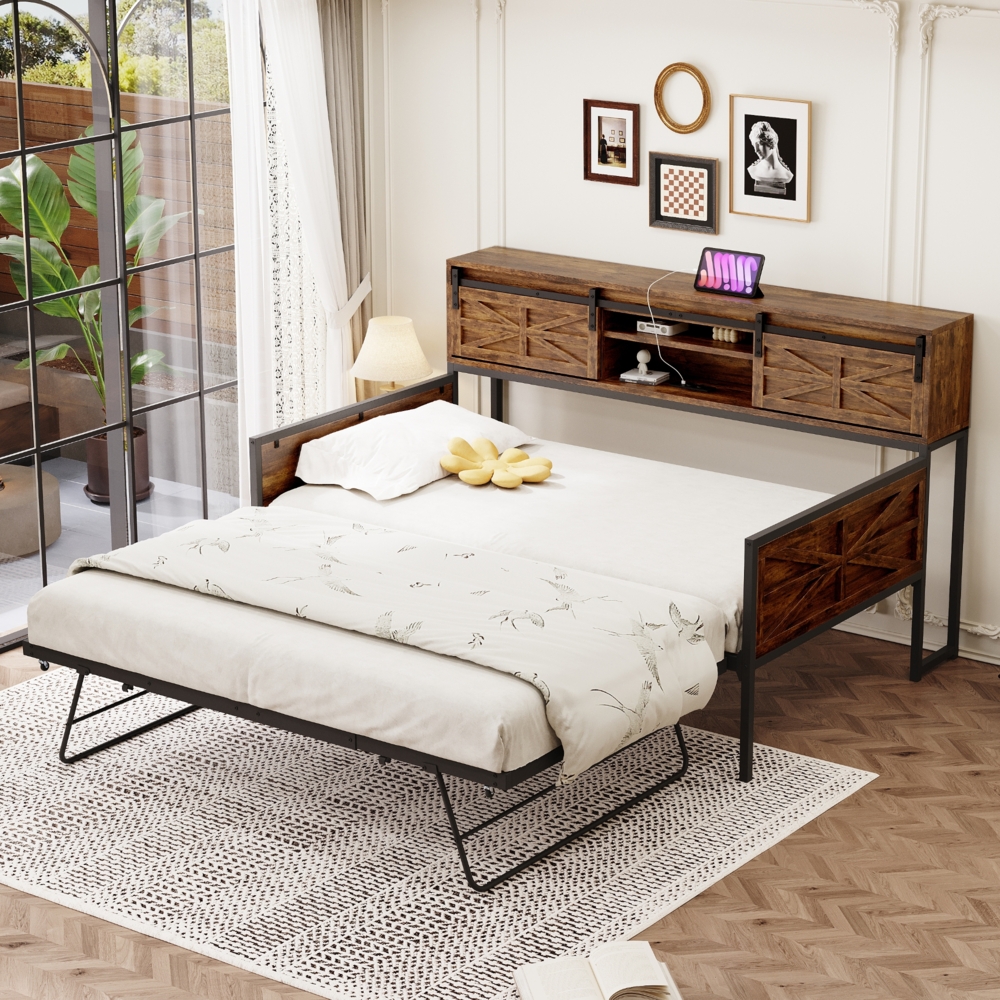 Merax Eisen Sofabett 90*200cm, Ausziehbares Sofabett mit mehreren Ablagefächern und multifunktionalen Steckdosen, Bügeleisen Einzelbett, Teenagerbett, Schwarz + Braun Bild 1