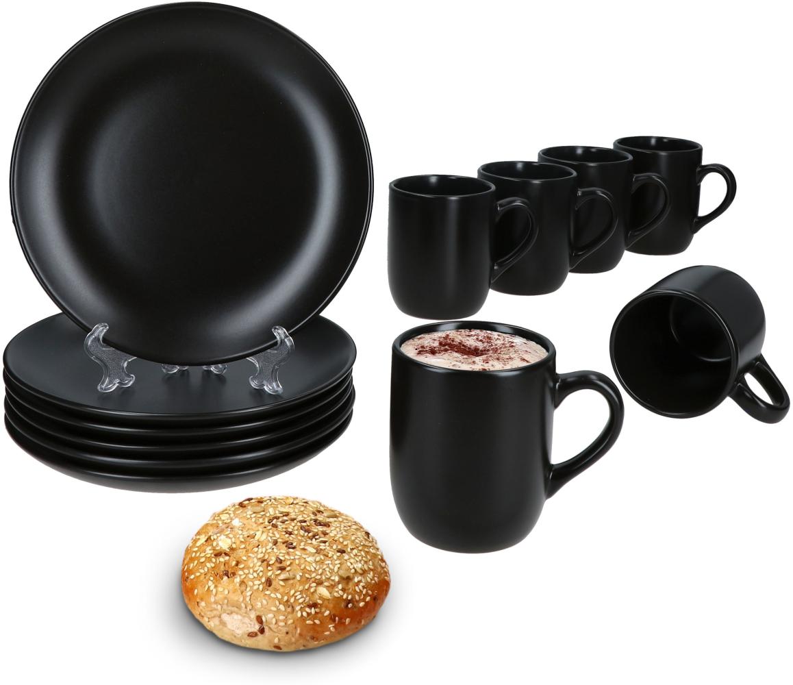 12tlg Frühstücksset Panther Steingut schwarz 6 Personen Teller Kaffeebecher Bild 1