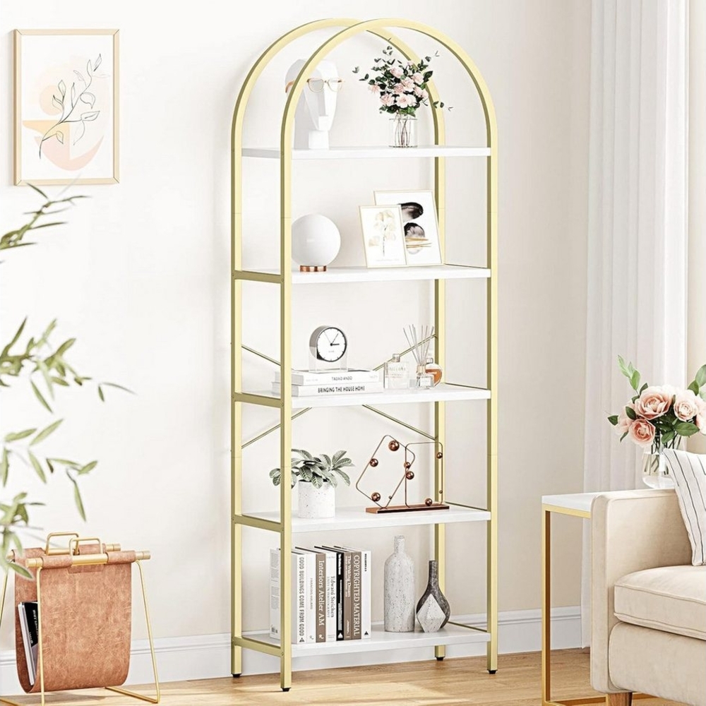 GarveeMore Bücherregal Standregal mit 5 Ebenen,gewölbt Display Racks,180x60x28cm,gold, für Schlafzimmer,Wohnzimmer,Home Office Bild 1