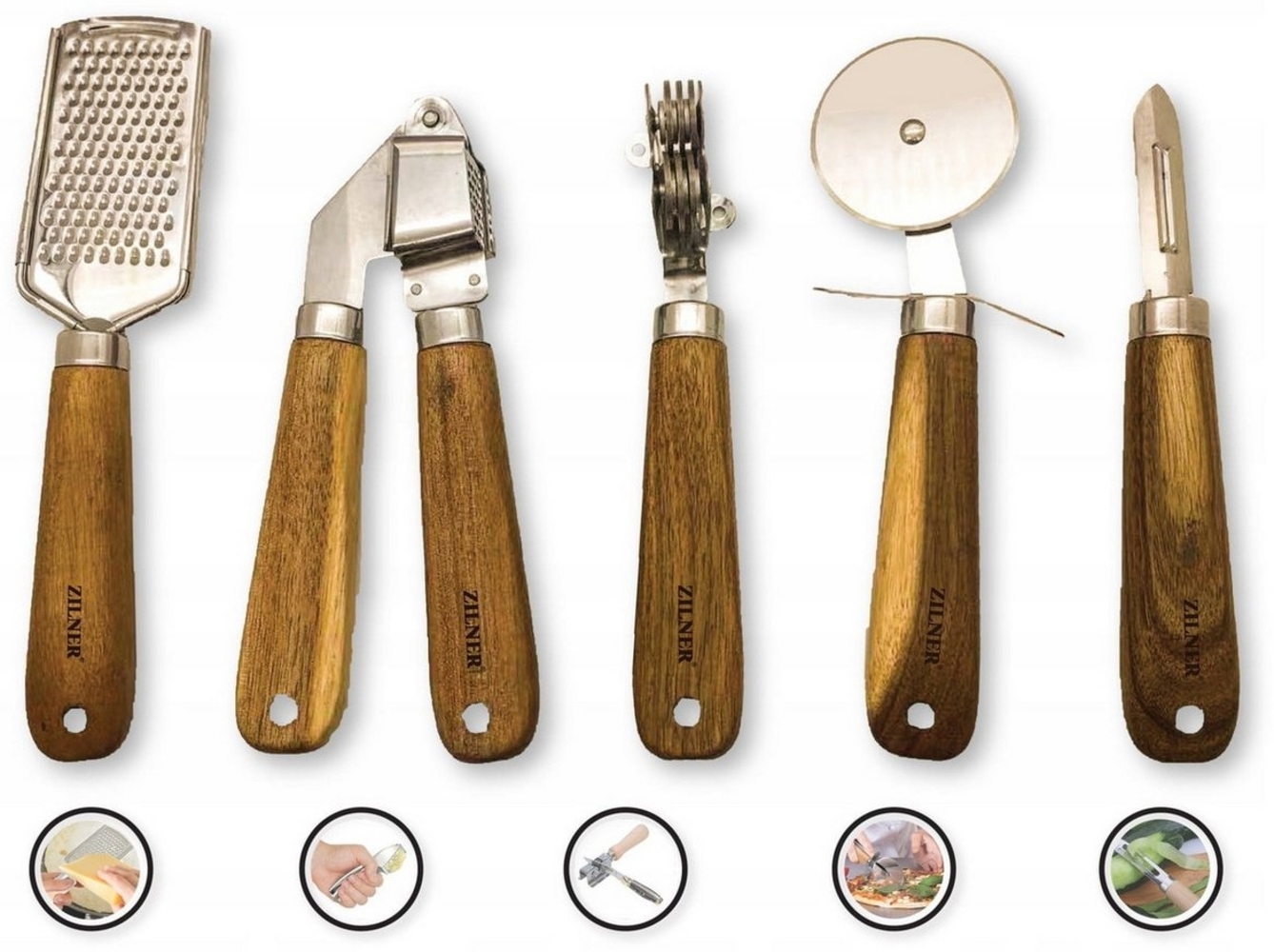 Zilner Küchenorganizer-Set Set Reibe Knoblauchpresse Messerschärfer Pizzaschneider Schäler, (5-tlg, Dieses Set ist die perfekte Geschenkidee für jeden Anlass) Bild 1