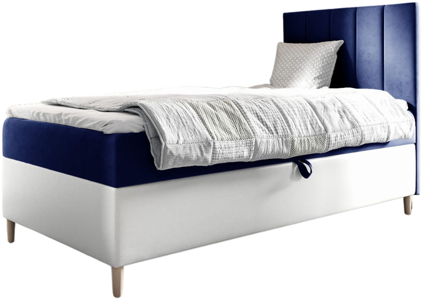 MEBLINI Kinderbett mit Bettkasten MAYA 1 80x200 Rechts – H3/Blau Samt Gepolstert Einzelbett mit Matratze - Polsterbett mit Stauraum - Bett mit Kopfteil – Stauraumbett Bild 1