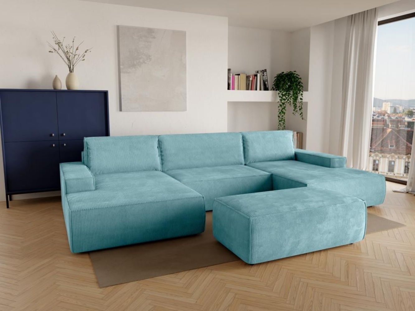 Vente-unique - Große Wohnlandschaft mit Schlaffunktion - Cord - Türkisblau - AMELIA Bild 1