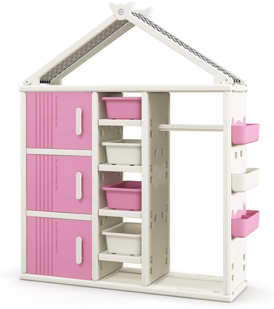 Kinderregal in Hausform mit Kleiderstange Kinder Bücherregal Spielzeugregal mit Regalen Rosa Bild 1