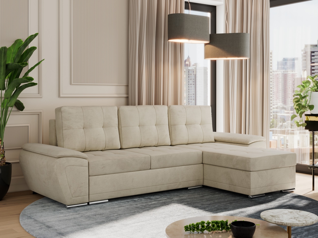 Universelles Ecksofa mit Schlaffunktion, Bettkasten und losen Kissen, gesteppte Sitzfläche - UMBRIA - Beige Velvet Bild 1