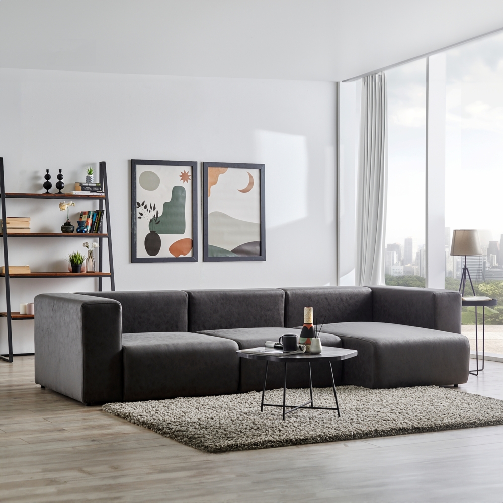 Sofa Suldal 3-Sitzer mit Longchair Wildlederimitat Schwarz [en. casa] Bild 1