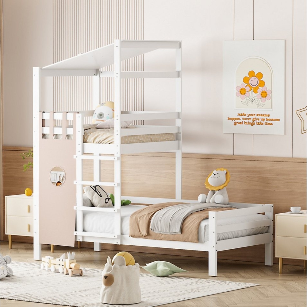 Flieks Etagenbett, Hausbett Kinderbett 90x200cm/90x96cm mit Sicherheitsleiter und Dach Bild 1