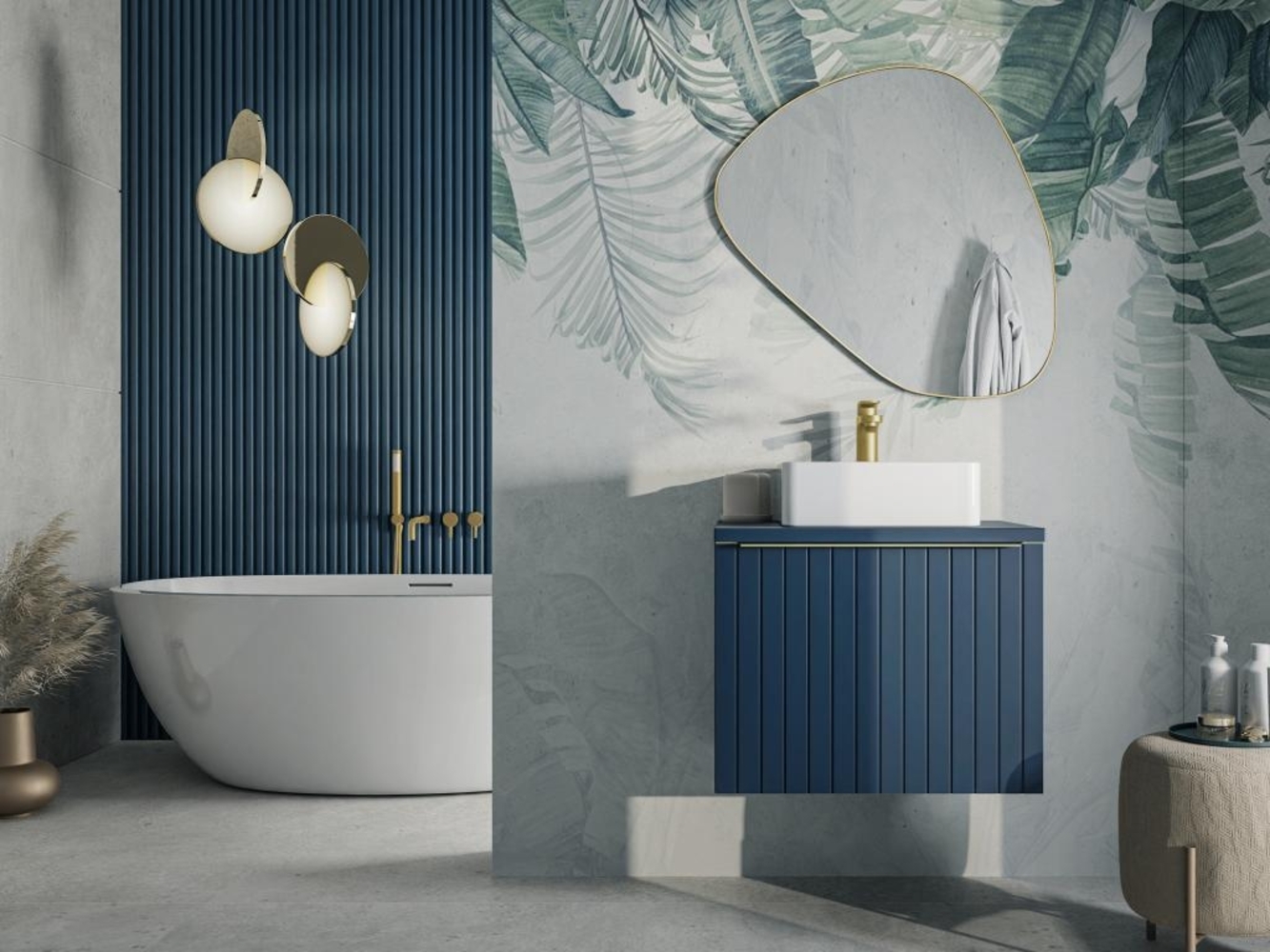 Vente-unique - Waschbeckenunterschrank hängend mit Einzelwaschbecken - 60 cm - Blau gestreift - JOSEPHA Bild 1