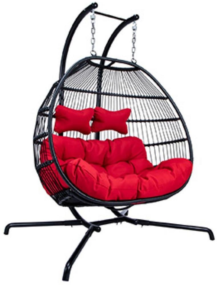 PureHaven Hängesessel für 2 Personen 130 x 120 x 200 cm Rattan-Kunststoffgeflecht mit Kissen wasserfest strapazierfähig gefederte Aufhängung rot/schwarz Bild 1