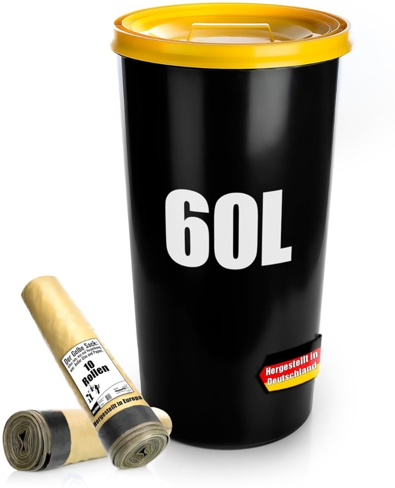 BigDean Gelber Sack Mülleimer 60L + 10 Rollen Gelber Sack – luftdichte gelbe Sack Tonne Made in Germany Bild 1