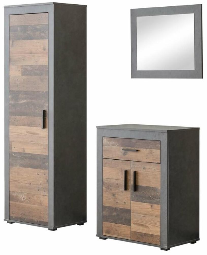 Wilmes Dielen Set Lake II: Garderobenschrank, Wandspiegel und Schuhschrank Korpus Graphit Dekor und Front Old Style Dekor Melamin Bild 1